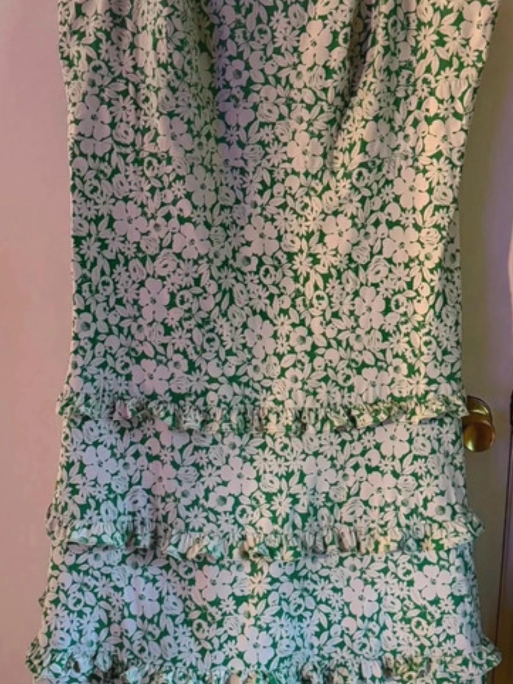 Anthropologie Green and White Floral Ruffle Tiered Dress